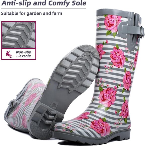 Women's Pink Rose Waterproof Tall Knee High Rubber landchief Rain Boot - Picture 6 of 6